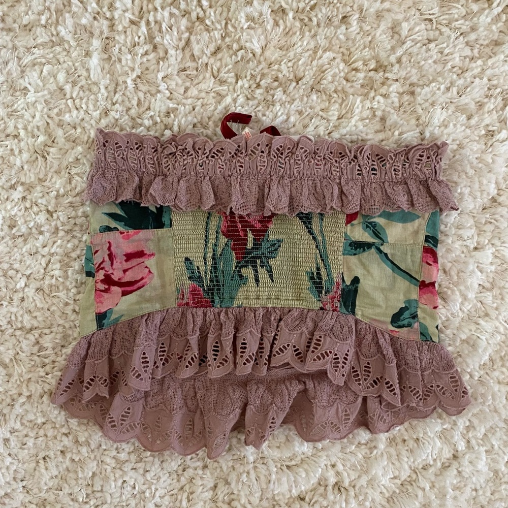 Free People Boho Floral Strapless Top with Ruffle Lace Trim - Picture 4 of 4